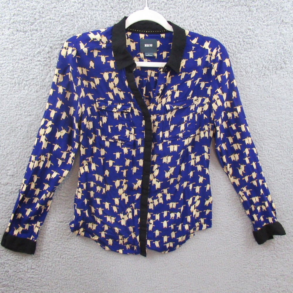 Maeve Womens Shirt Size 2 Blue Penguin Button Front Long Sleeve Anthropologie